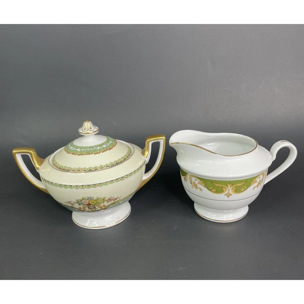Vintage Style House Fine China‎ Kimberly Creamer & Sugar Bowl Green & Gold